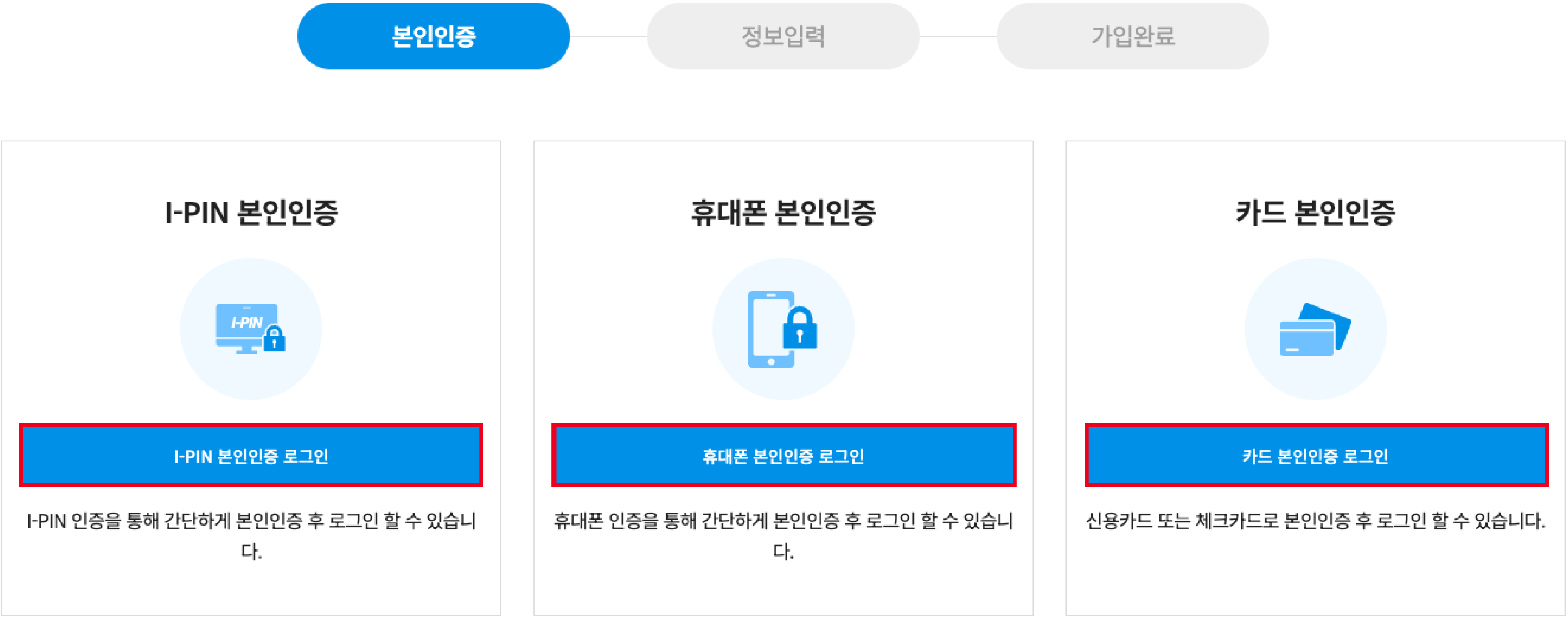 본인확인을 위한 I-PIN 본인인증, 휴대폰 인증, 카드 인증 버튼을 클릭합니다.